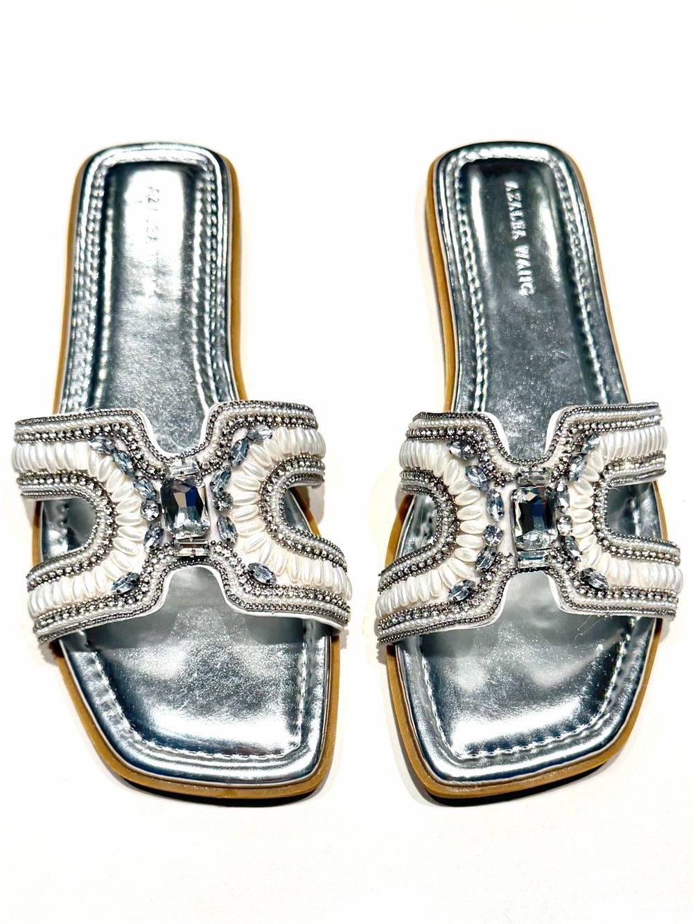 Silver Embellished Slide Sandals 7.5
